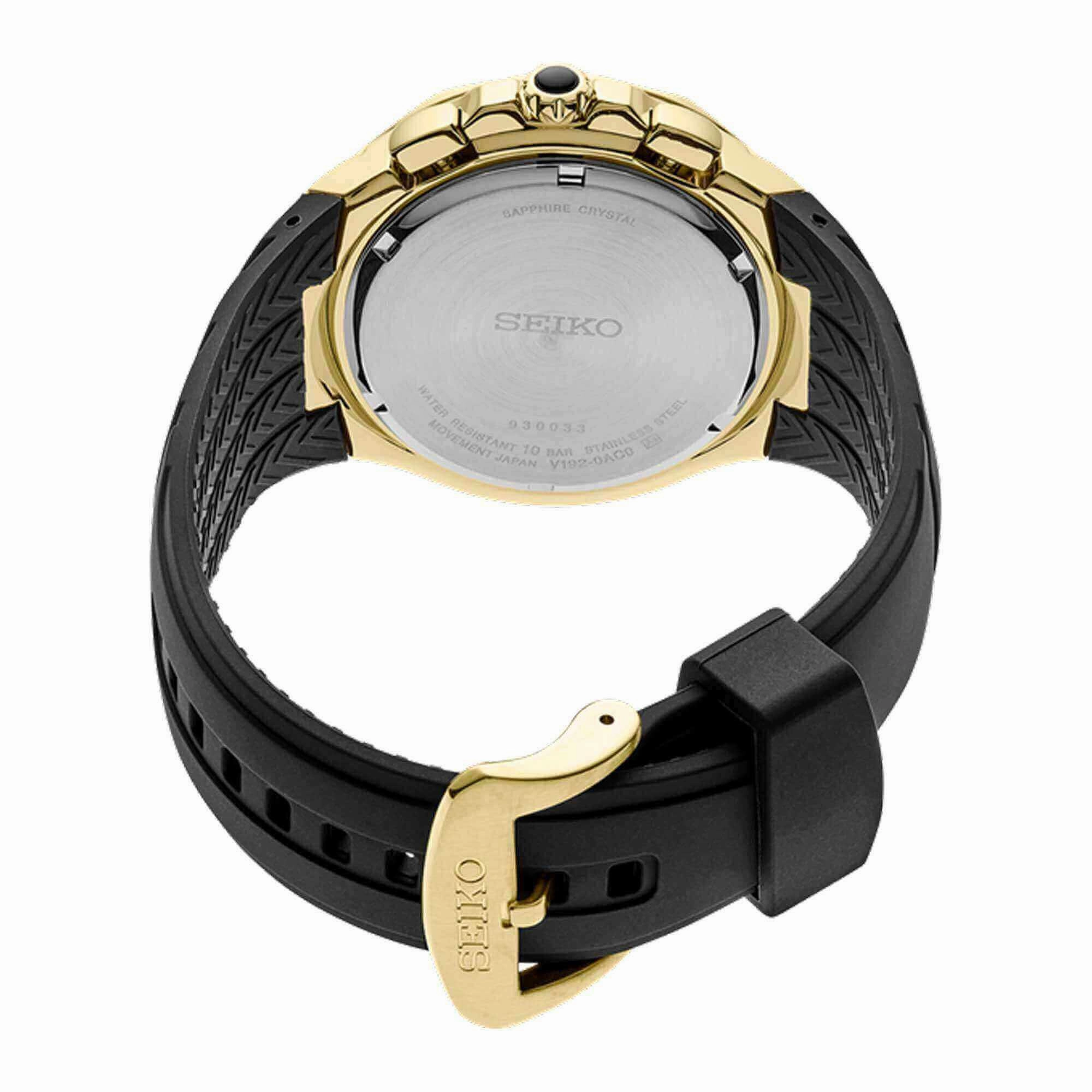 Seiko Men's Chrono Watch - Coutura Yellow Gold Case Black Dial Rubber Strap | SSC810P9