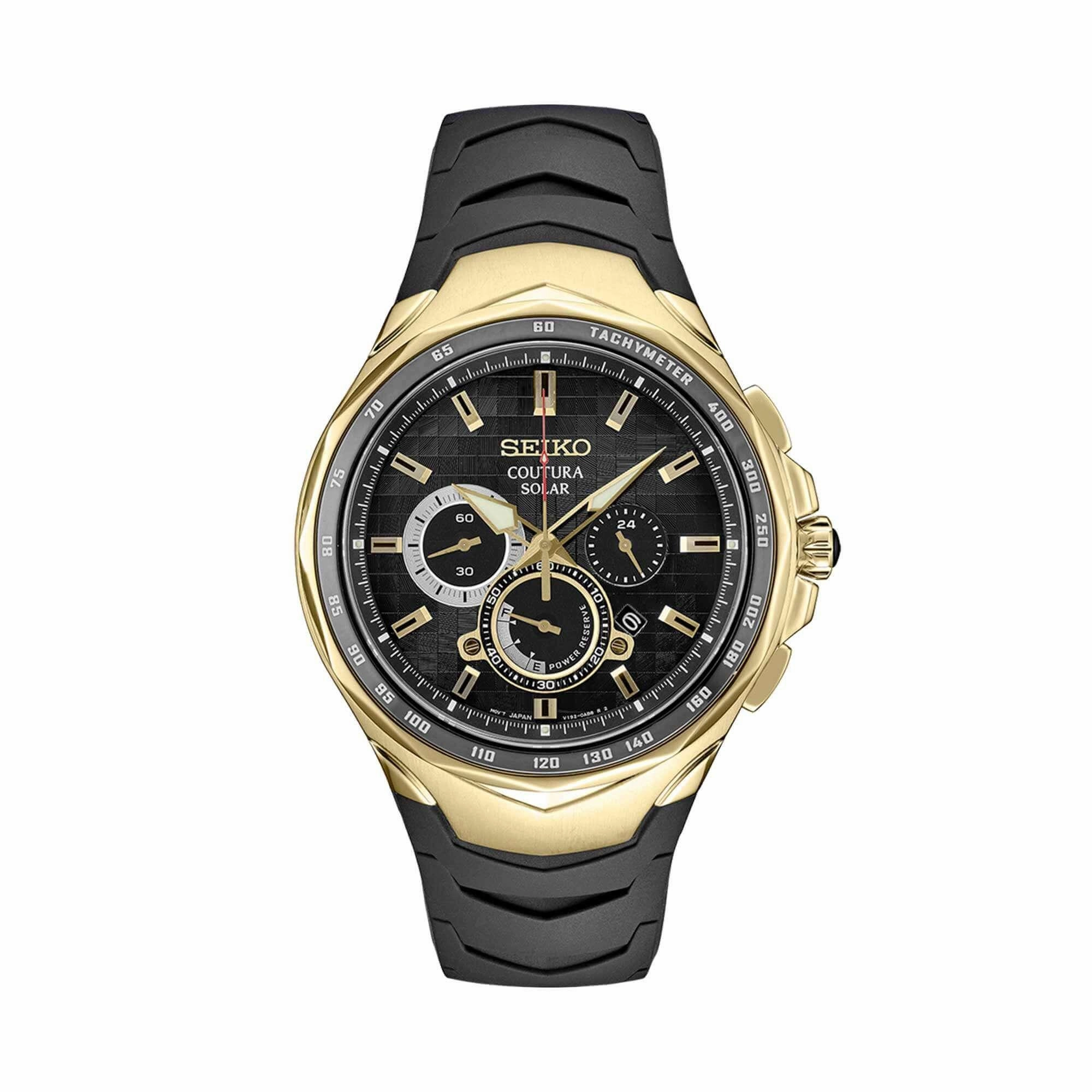 Seiko Men's Chrono Watch - Coutura Yellow Gold Case Black Dial Rubber Strap | SSC810P9