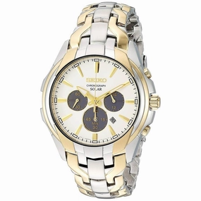Seiko Men's Eco Drive Watch - Solar Black and Gold Tone Dial Bracelet | SSC634