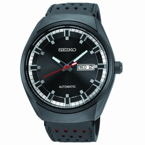 Seiko SNKN45 Men's Recraft Black Dial Black Leather Strap Automatic Day Date Watch