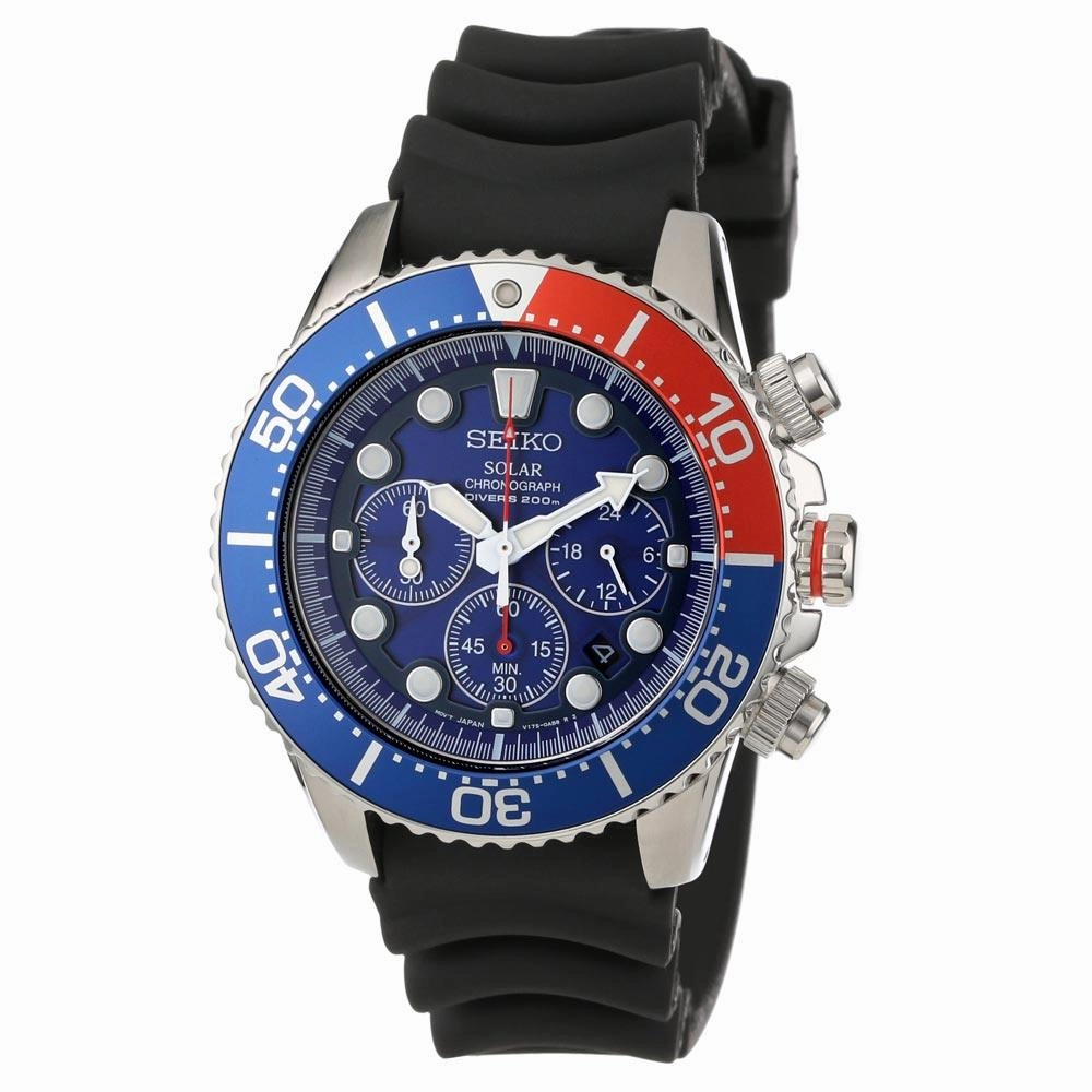 Seiko SSC031 Men's Solar Chronograph Blue Dial Rubber Strap Steel Dive Watch