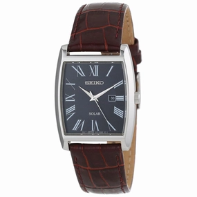 Seiko SUT889 Men's Dress Solar Black Dial Brown Leather Strap Tonneau Watch