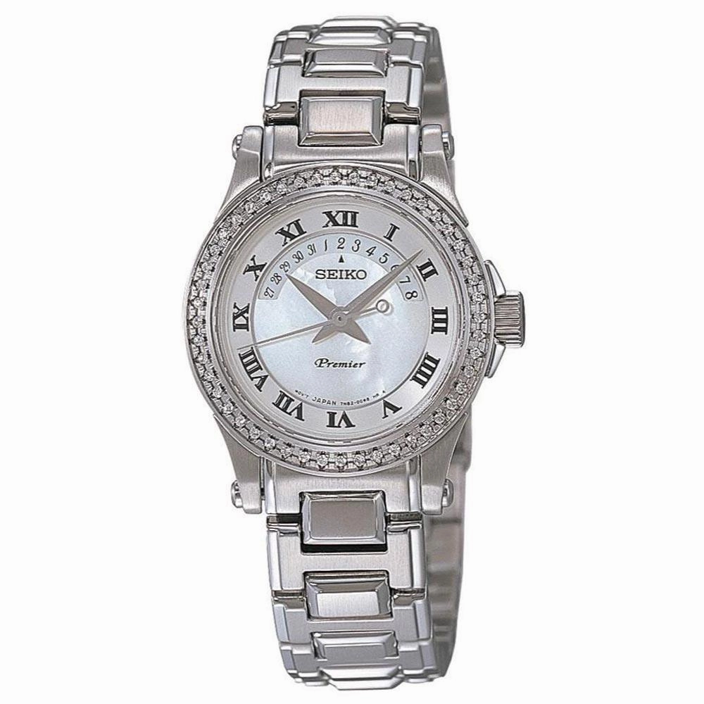 Seiko SXD773 Women's Premier Diamond Accented Bezel White MOP Dial Steel Bracelet Watch