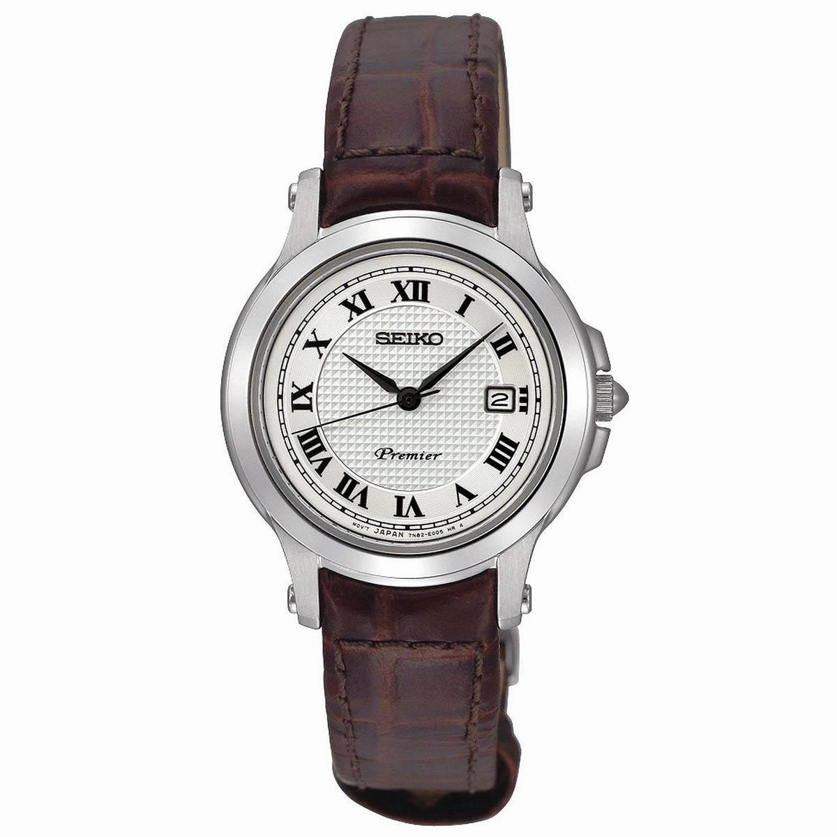 Seiko SXDE01P2 Women's Premier White Dial Brown Leather Strap Watch