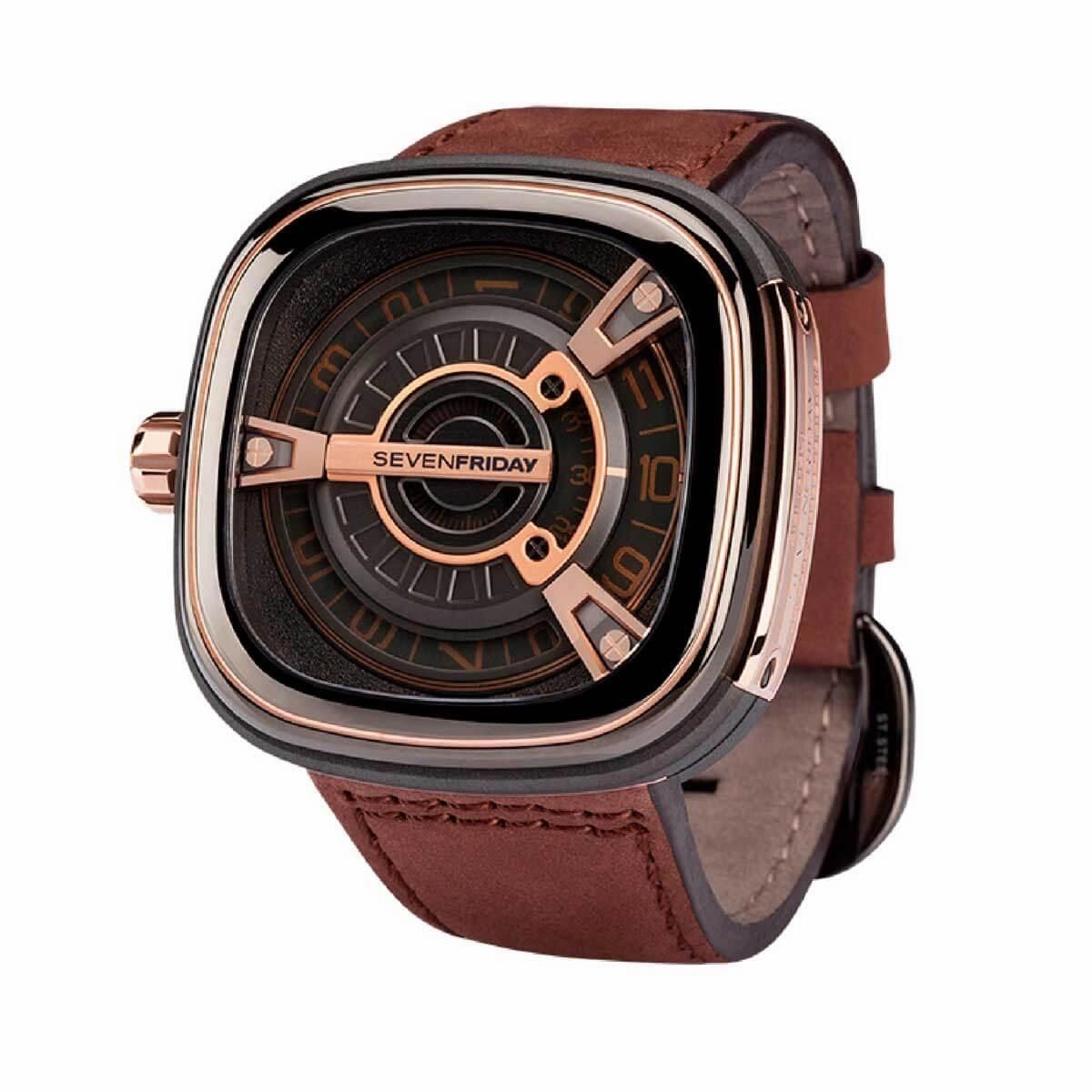 SevenFriday Men's Automatic Watch - M Series Black Dial Brown Leather Strap | M2-02