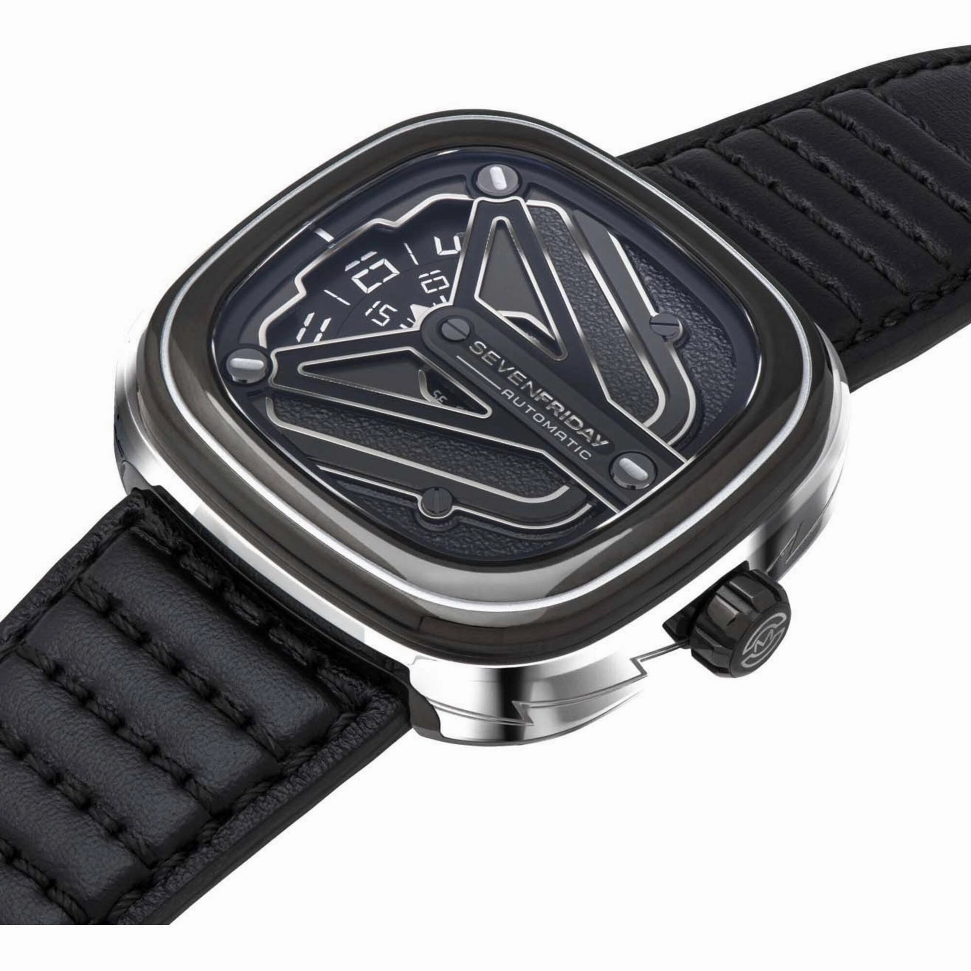 SevenFriday Men's Watch - M-Series Automatic Silver Tone Case Black Strap | M3-08