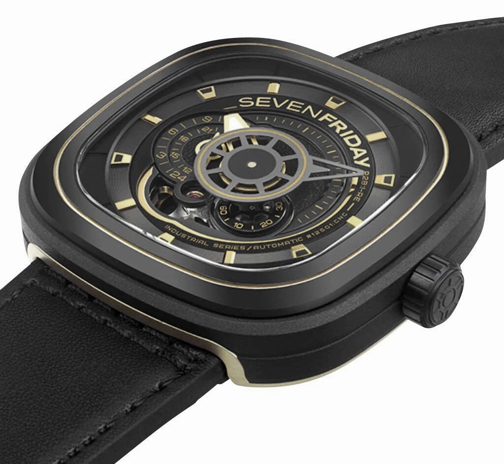 SEVENFRIDAY P-Series Automatic Gunmetal PVD Black Dial Black Leather Strap Mens Watch P2B/02