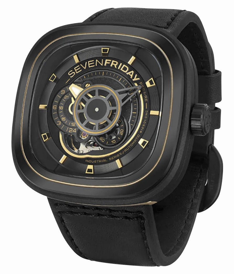 SEVENFRIDAY P-Series Automatic Gunmetal PVD Black Dial Black Leather Strap Mens Watch P2B/02