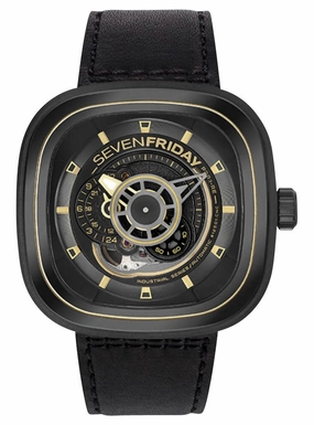 SEVENFRIDAY P-Series Automatic Gunmetal PVD Black Dial Black Leather Strap Mens Watch P2B/02