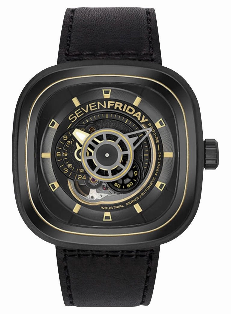 SEVENFRIDAY P-Series Automatic Gunmetal PVD Black Dial Black Leather Strap Mens Watch P2B/02