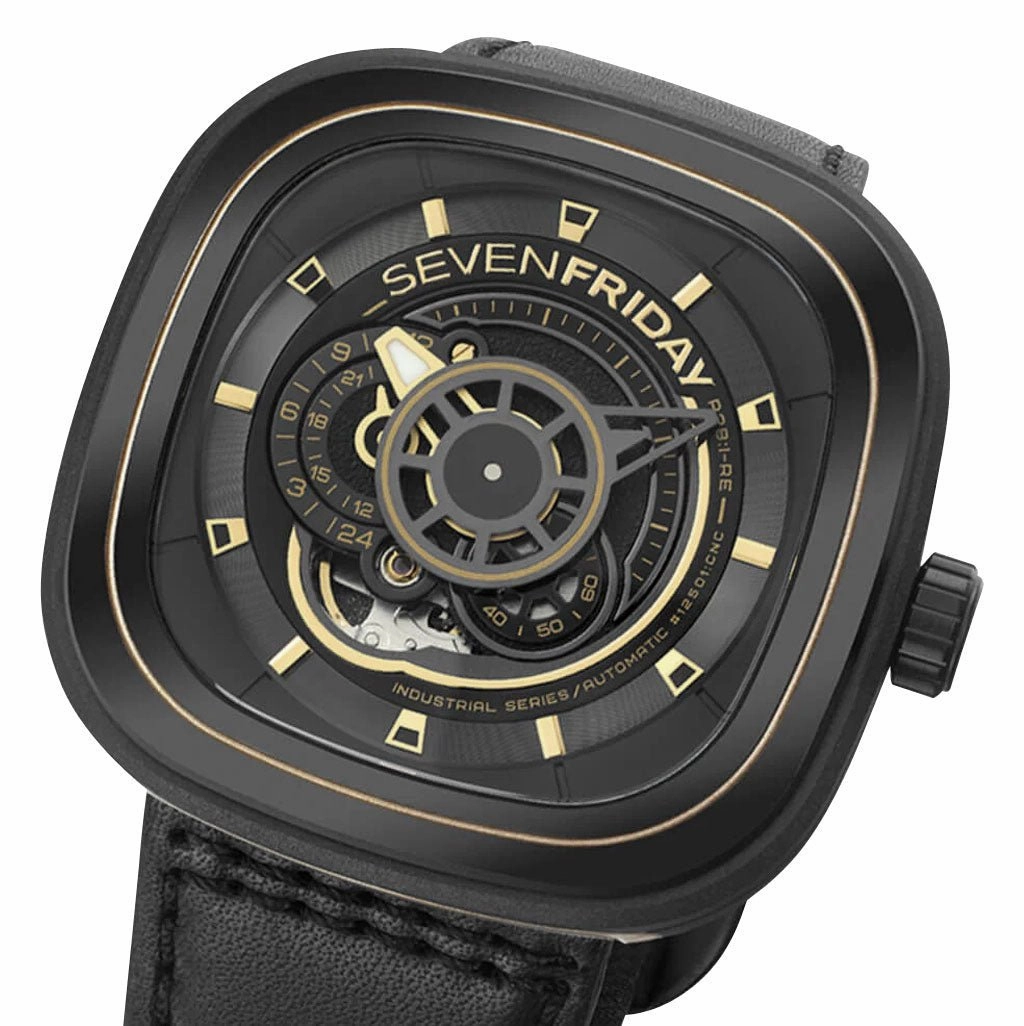 SEVENFRIDAY P-Series Automatic Gunmetal PVD Black Dial Black Leather Strap Mens Watch P2B/02