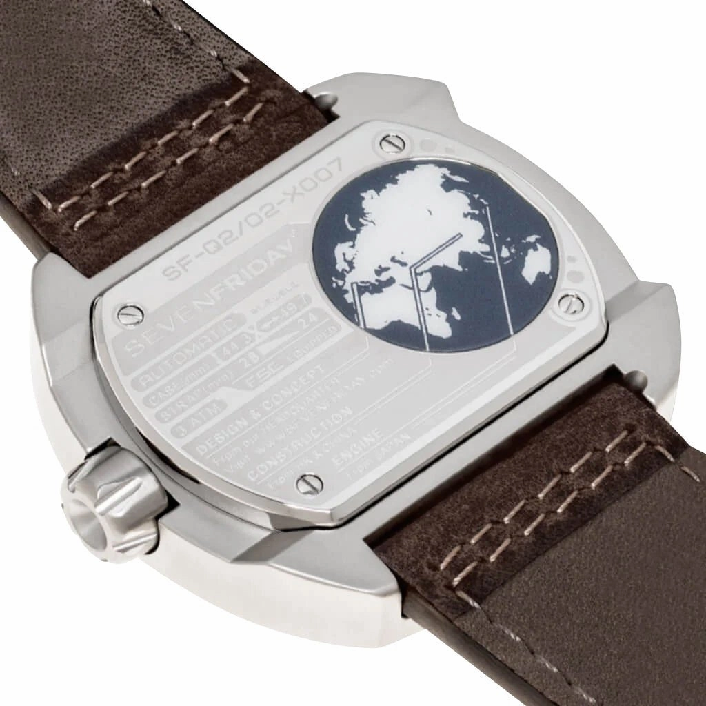 SEVENFRIDAY Q-Series Automatic Stainless Steel Gold Dial Brown Leather Strap Date Mens Watch Q2/02