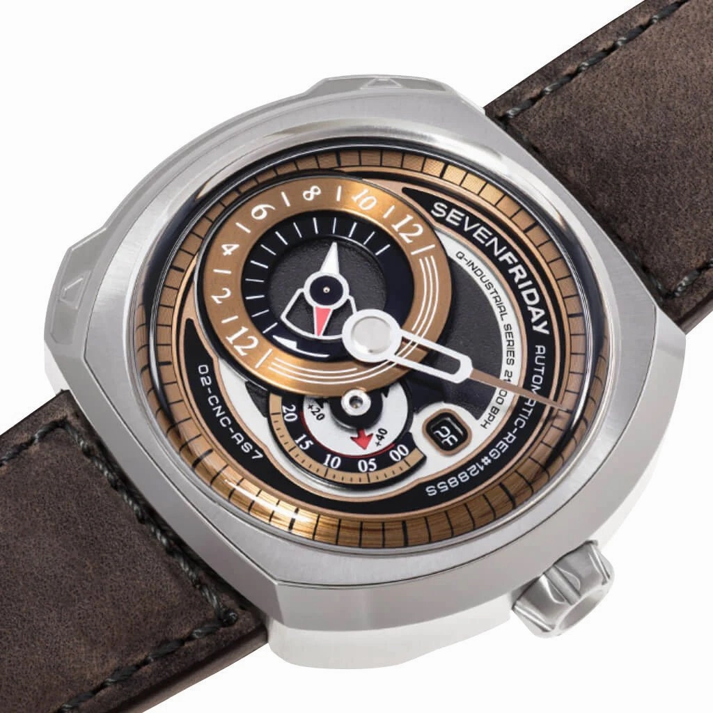 SEVENFRIDAY Q-Series Automatic Stainless Steel Gold Dial Brown Leather Strap Date Mens Watch Q2/02