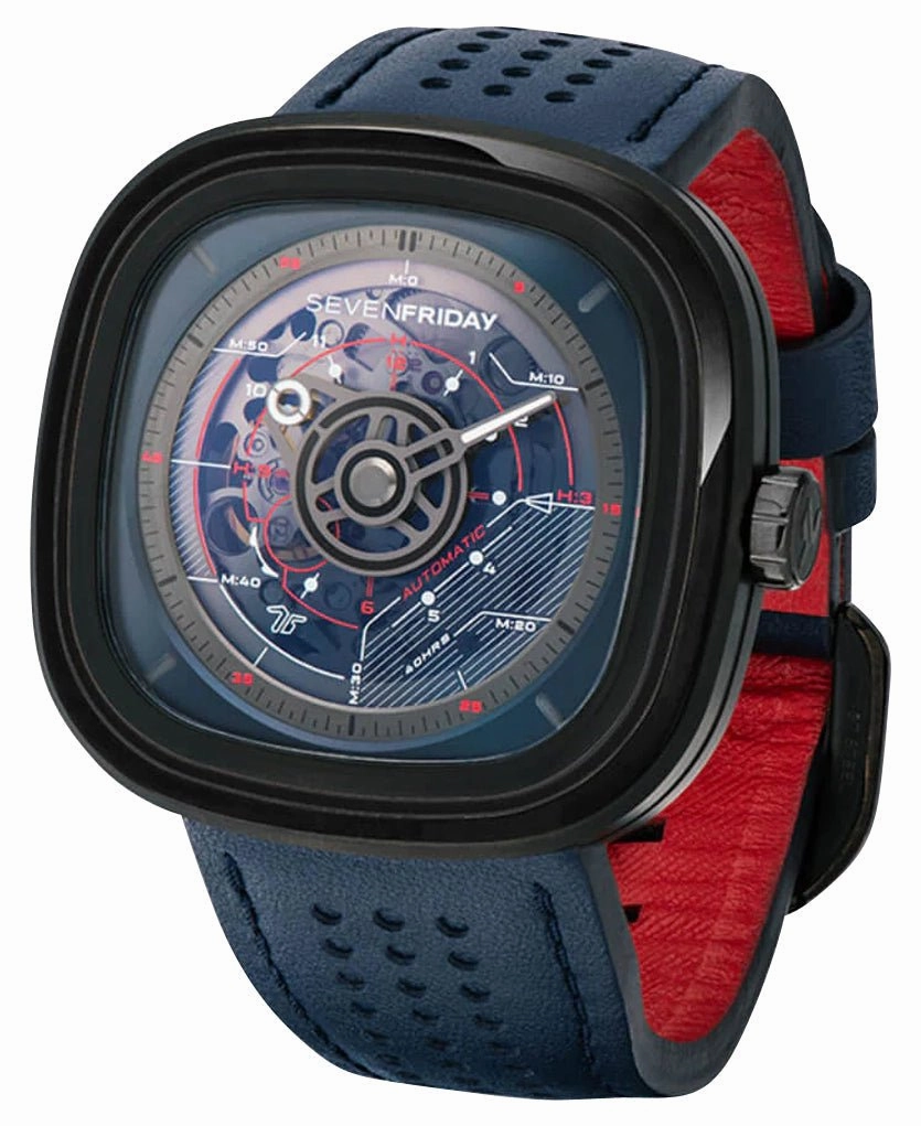 SEVENFRIDAY T-Series Automatic Black PVD Blue Skeleton Dial Blue Leather Strap Mens Watch T3/03