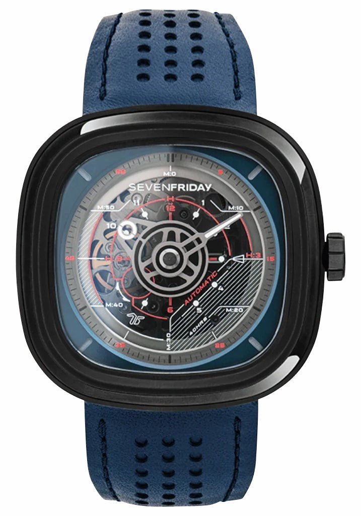SEVENFRIDAY T-Series Automatic Black PVD Blue Skeleton Dial Blue Leather Strap Mens Watch T3/03