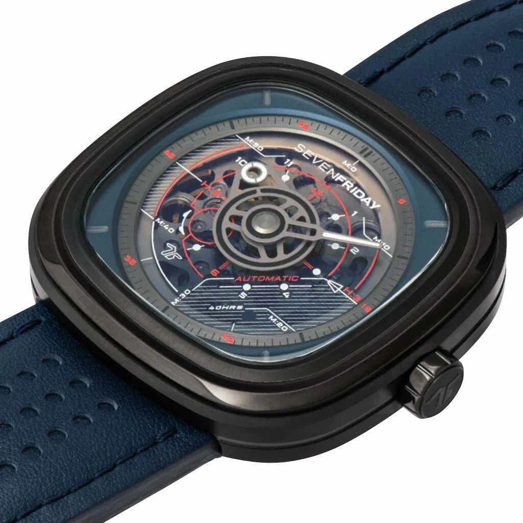 SEVENFRIDAY T-Series Automatic Black PVD Blue Skeleton Dial Blue Leather Strap Mens Watch T3/03