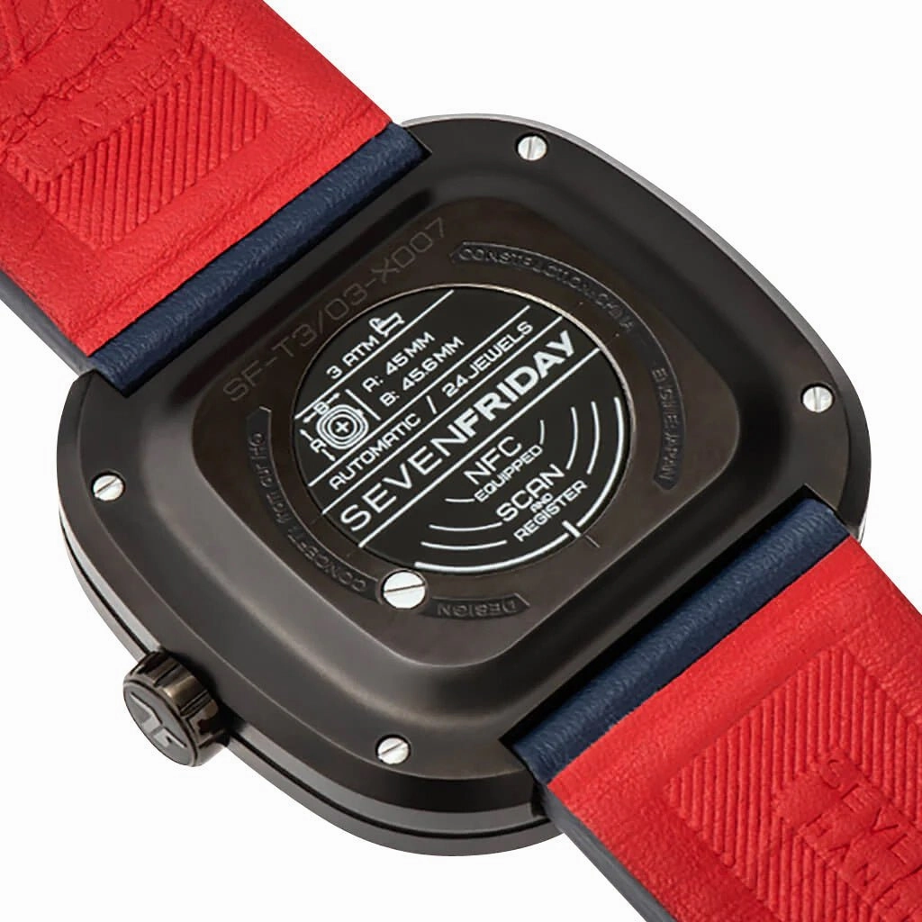 SEVENFRIDAY T-Series Automatic Black PVD Blue Skeleton Dial Blue Leather Strap Mens Watch T3/03