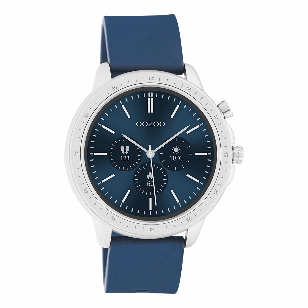Silver coloured OOZOO smartwatch with dark blue rubber strap - Q00315