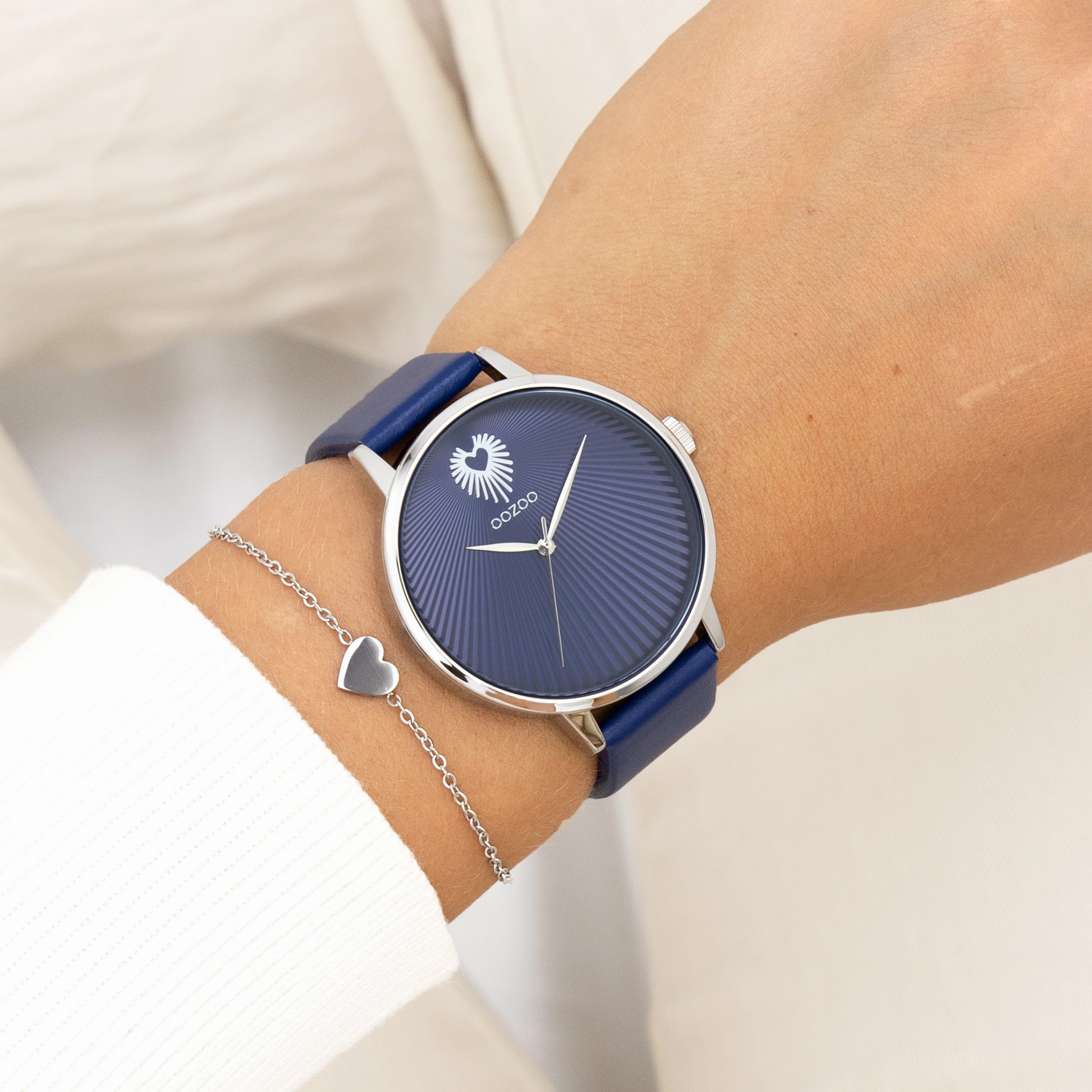 Silver coloured OOZOO watch with blue leather strap - C11243