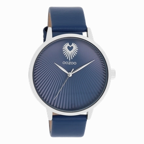 Silver coloured OOZOO watch with blue leather strap - C11243