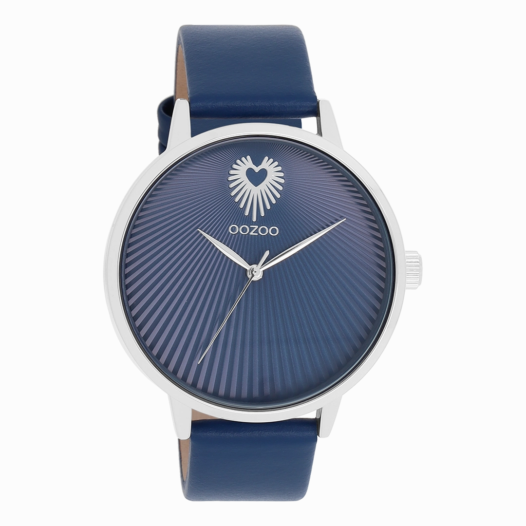 Silver coloured OOZOO watch with blue leather strap - C11243