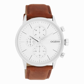 Silver coloured OOZOO watch with brown leather strap - C11220
