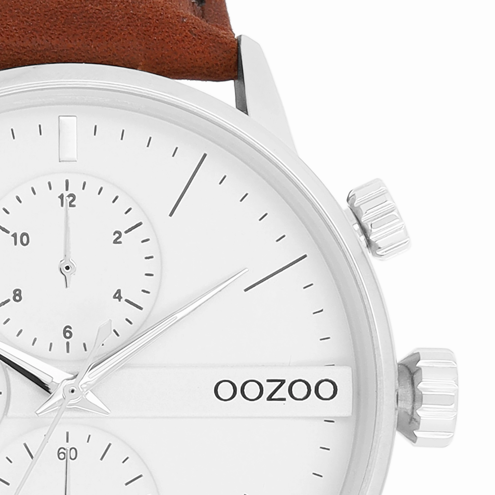 Silver coloured OOZOO watch with brown leather strap - C11220