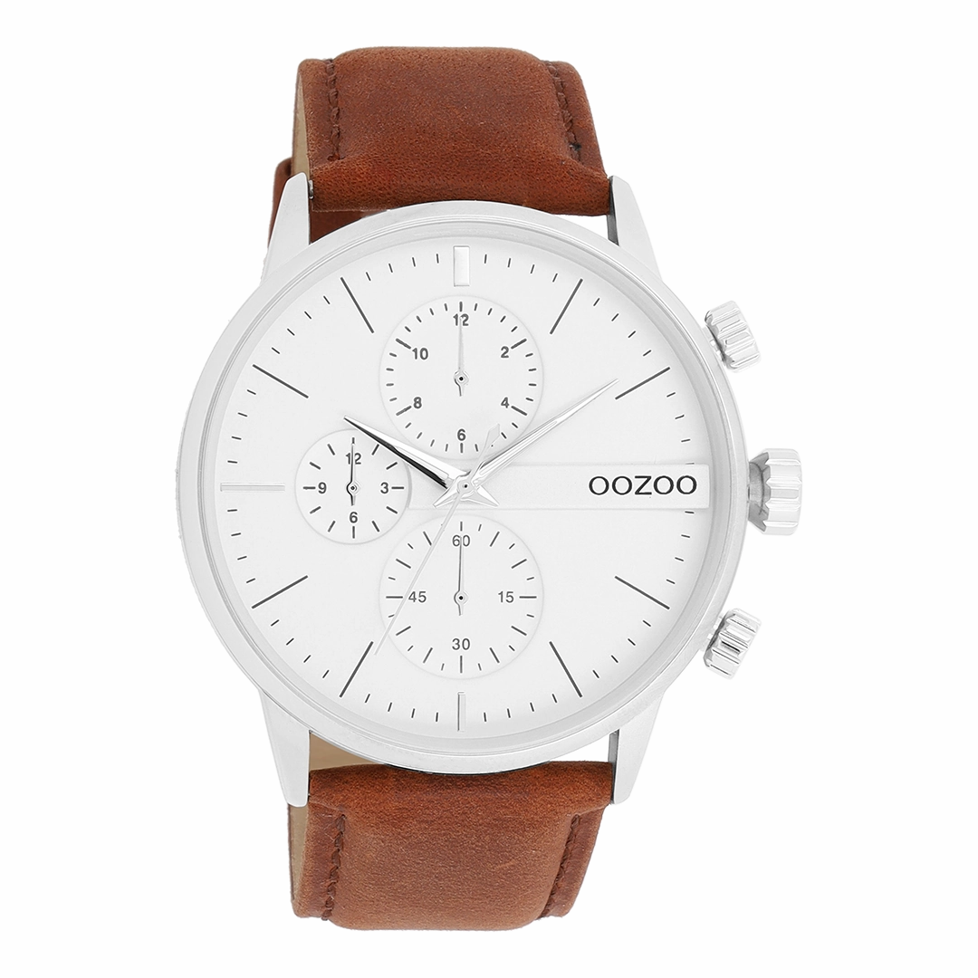 Silver coloured OOZOO watch with brown leather strap - C11220