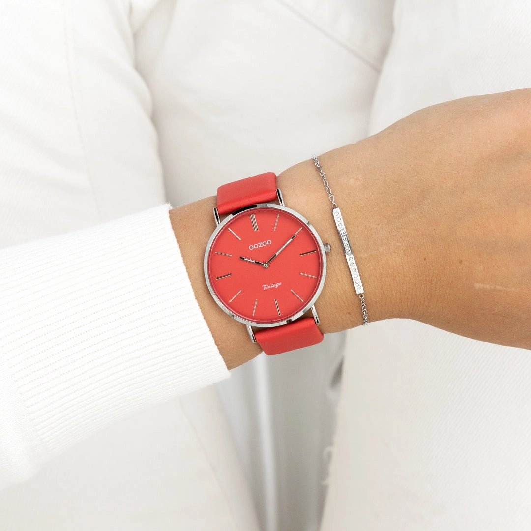 Silver coloured OOZOO watch with chili pepper leather strap - C20324