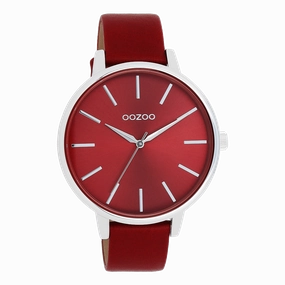 Silver coloured OOZOO watch with dahlia red leather strap - C11299
