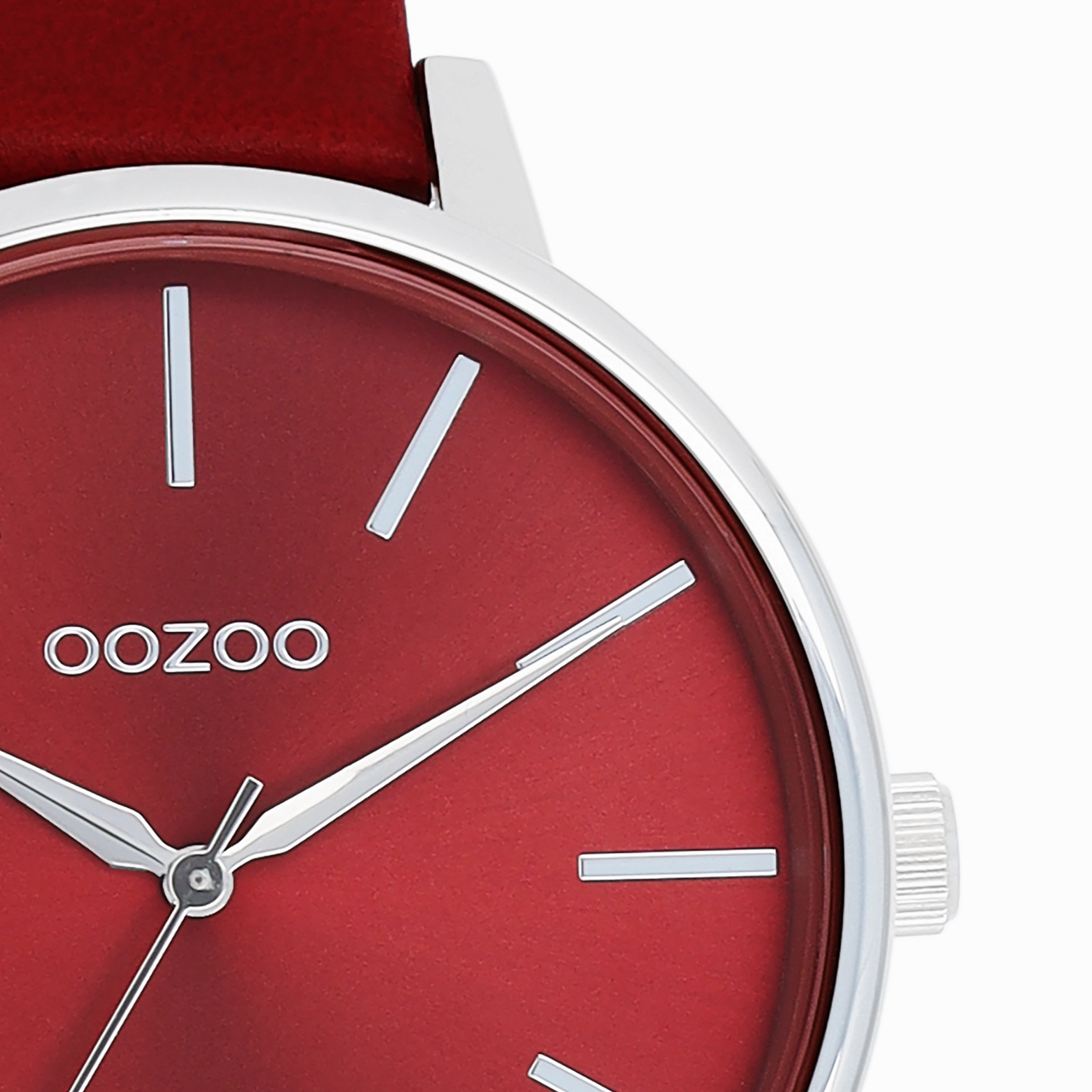 Silver coloured OOZOO watch with dahlia red leather strap - C11299