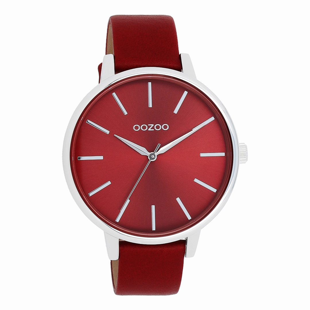 Silver coloured OOZOO watch with dahlia red leather strap - C11299