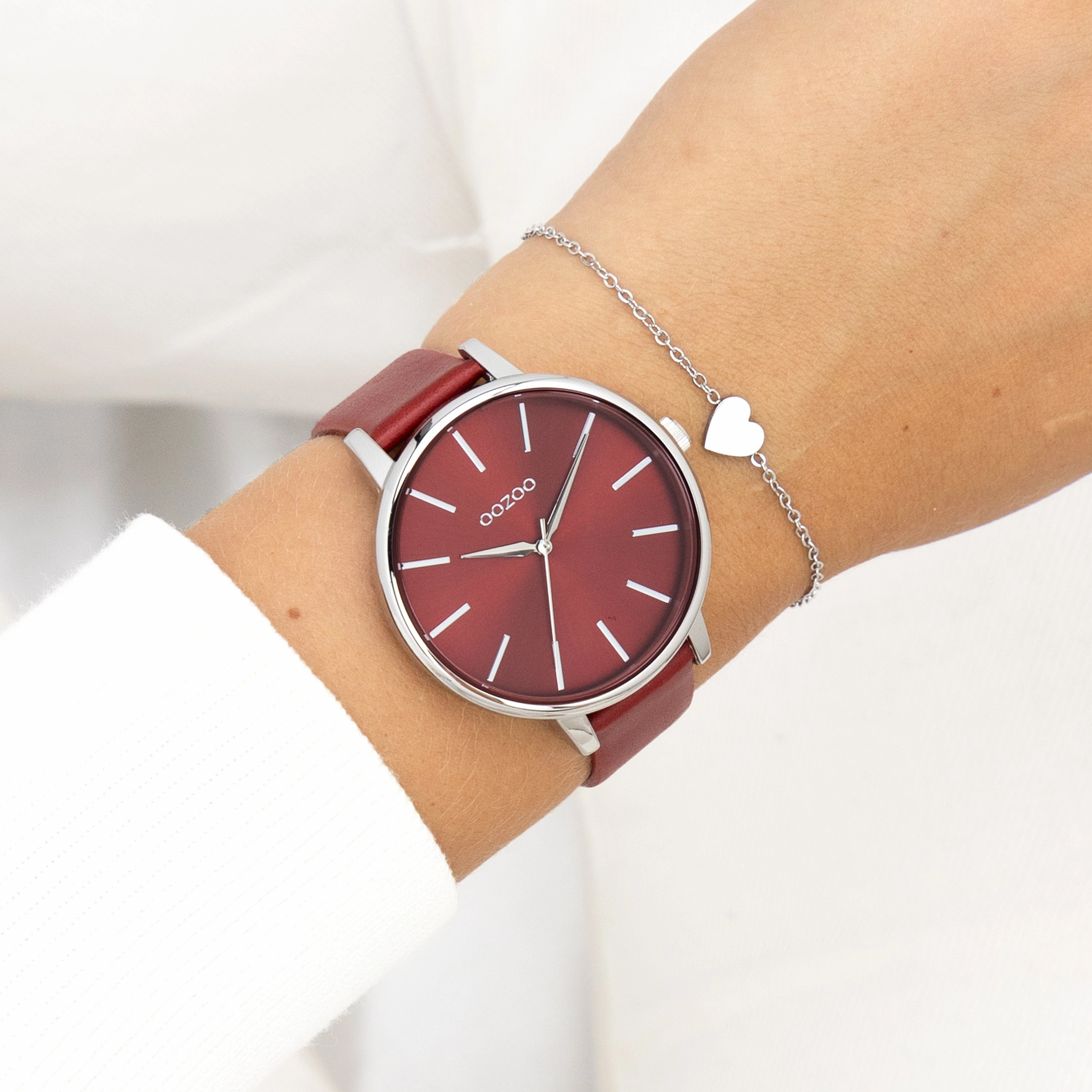 Silver coloured OOZOO watch with dahlia red leather strap - C11299