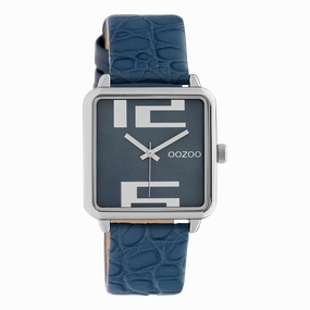 Silver coloured OOZOO watch with dark blue leather strap - C10366