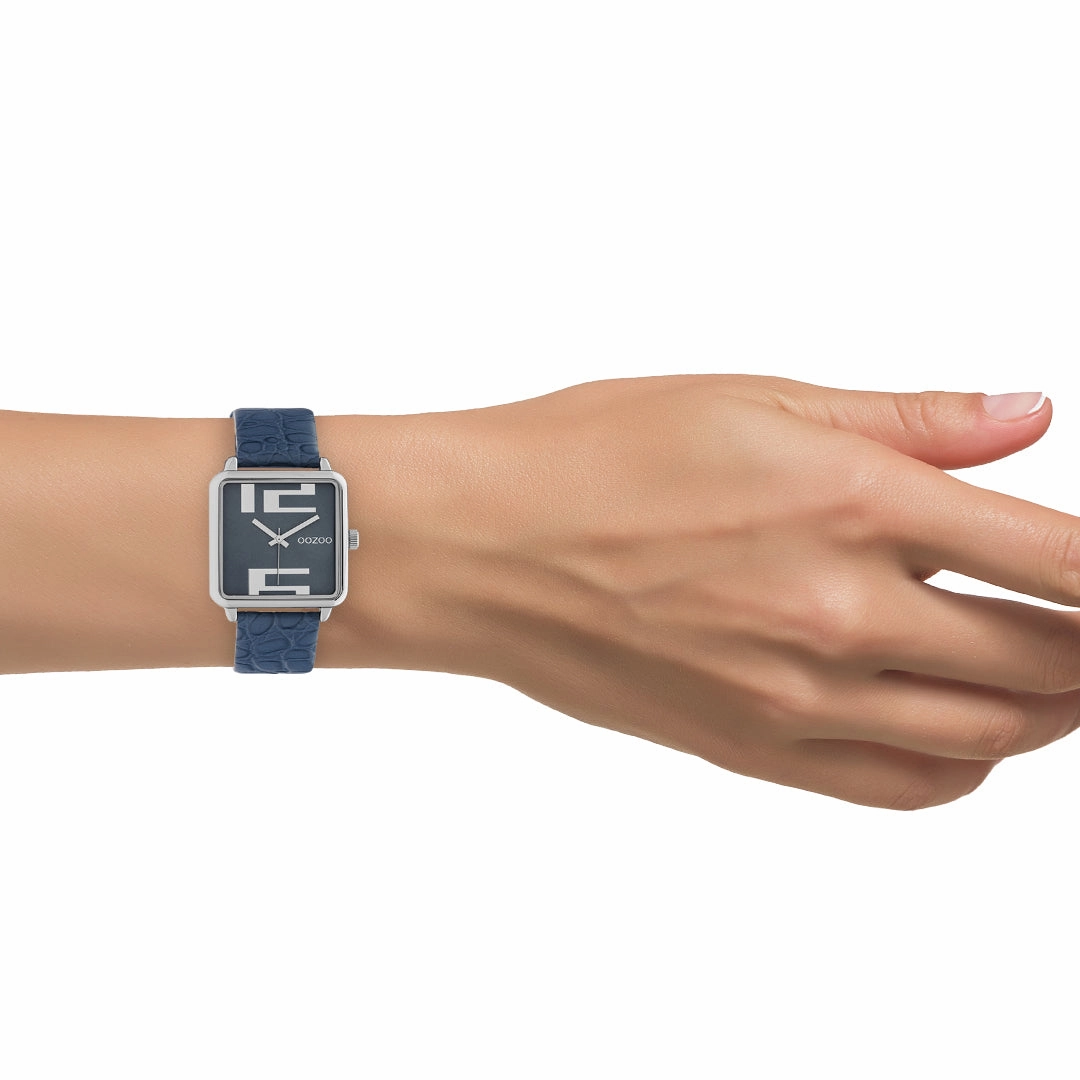 Silver coloured OOZOO watch with dark blue leather strap - C10366