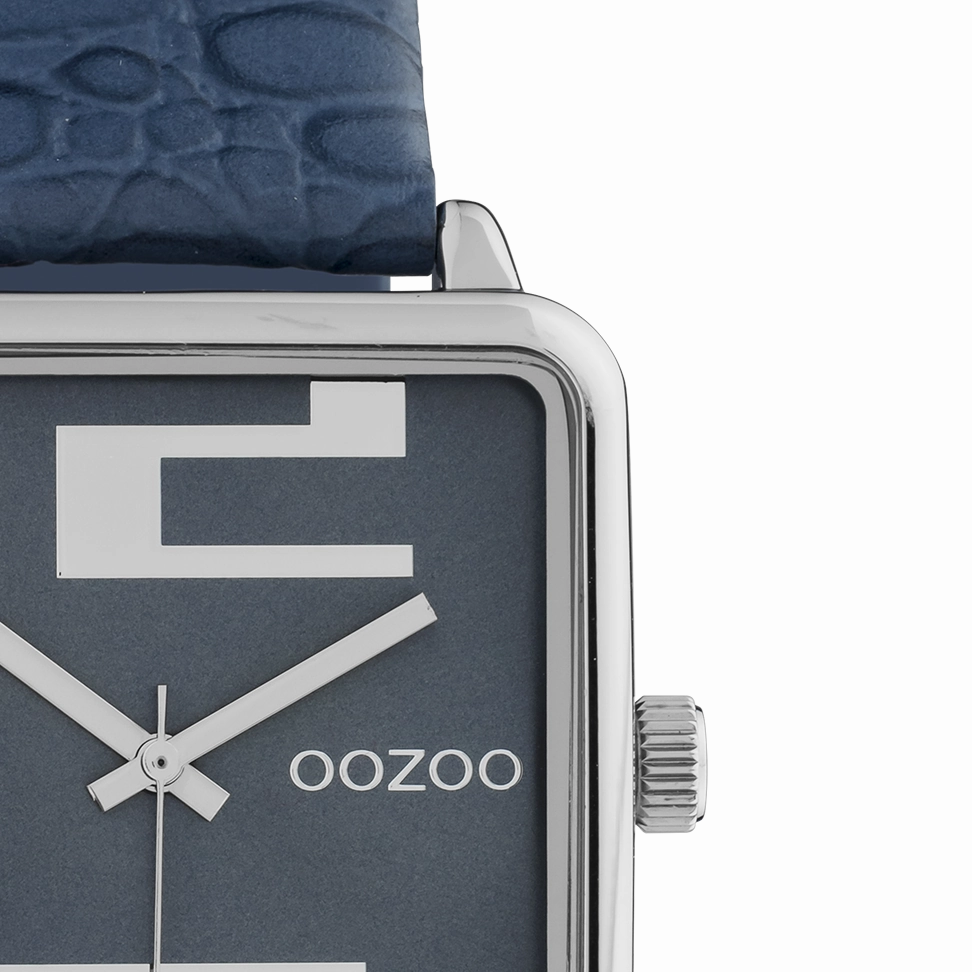 Silver coloured OOZOO watch with dark blue leather strap - C10366