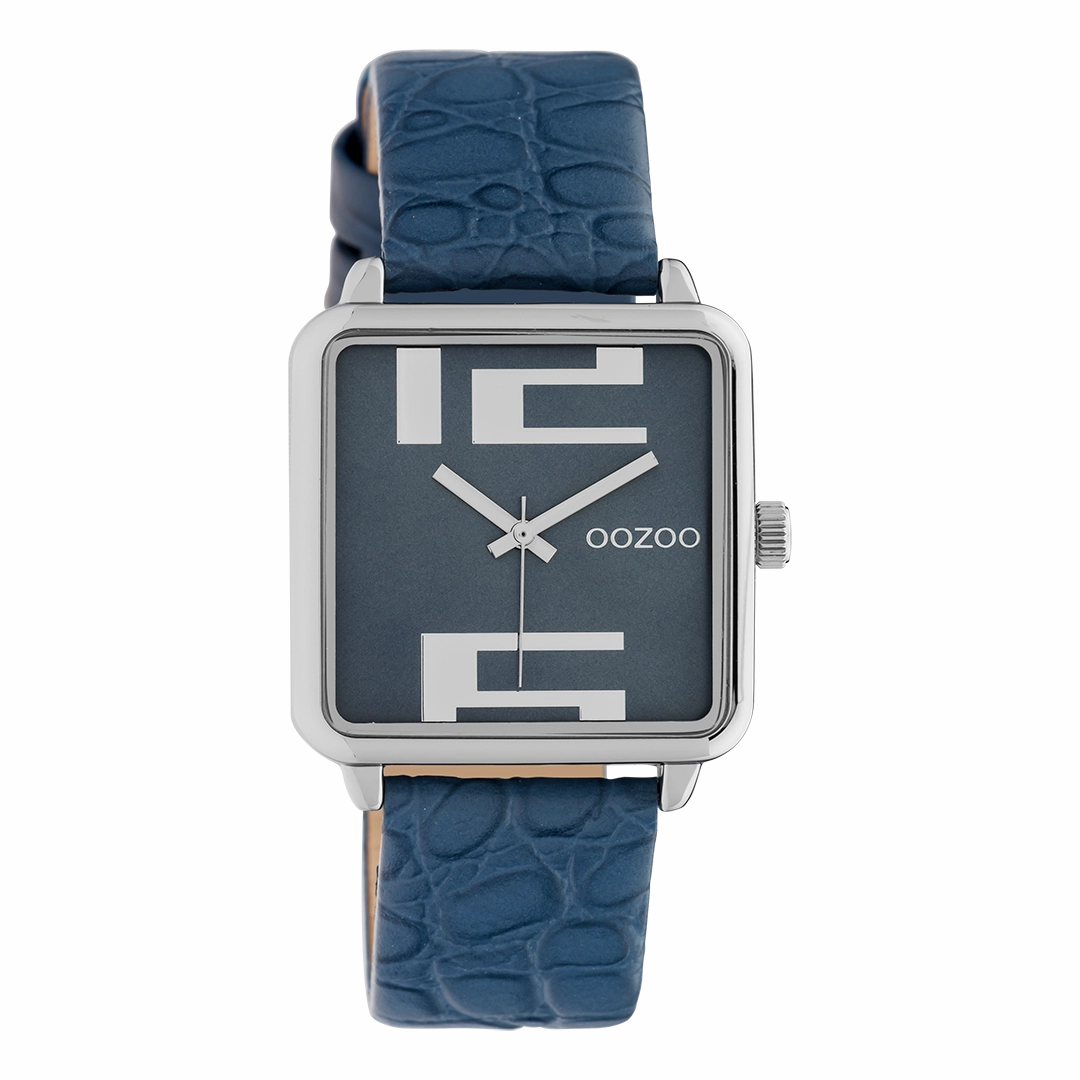 Silver coloured OOZOO watch with dark blue leather strap - C10366