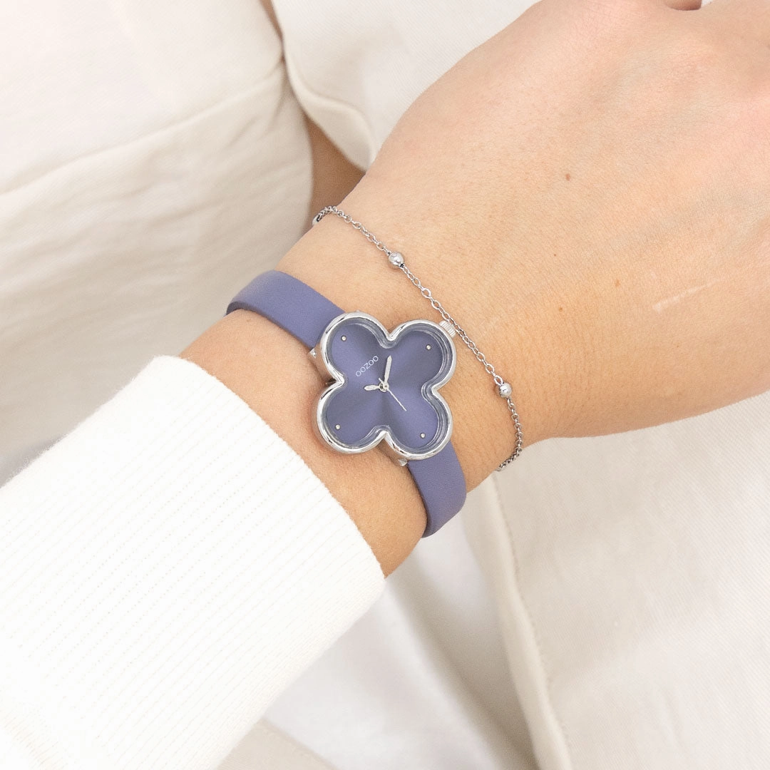 Silver coloured OOZOO watch with granite blue leather strap - C11522
