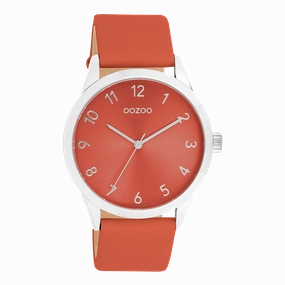 Silver coloured OOZOO watch with red leather strap - C11326