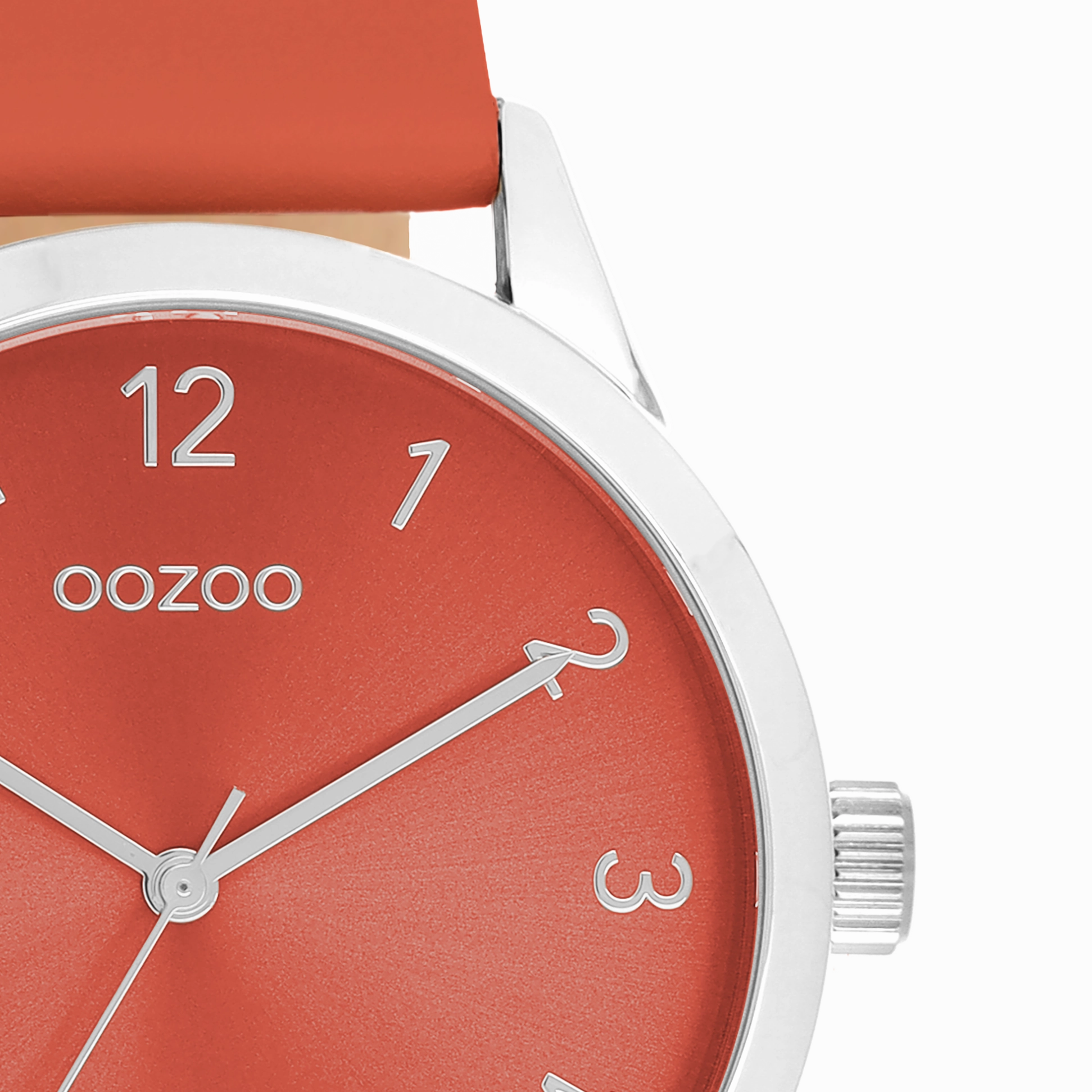 Silver coloured OOZOO watch with red leather strap - C11326