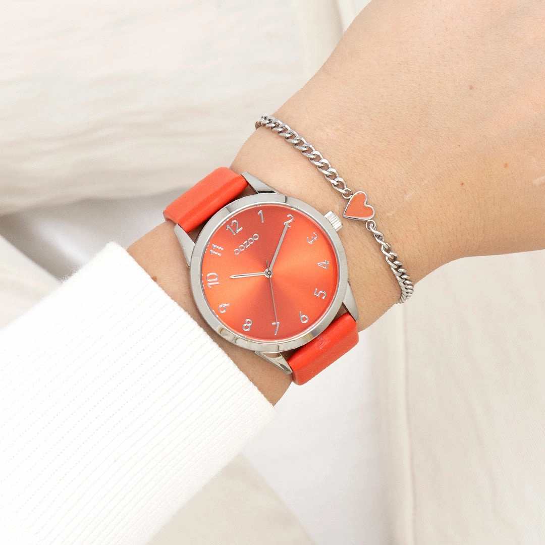 Silver coloured OOZOO watch with red leather strap - C11326