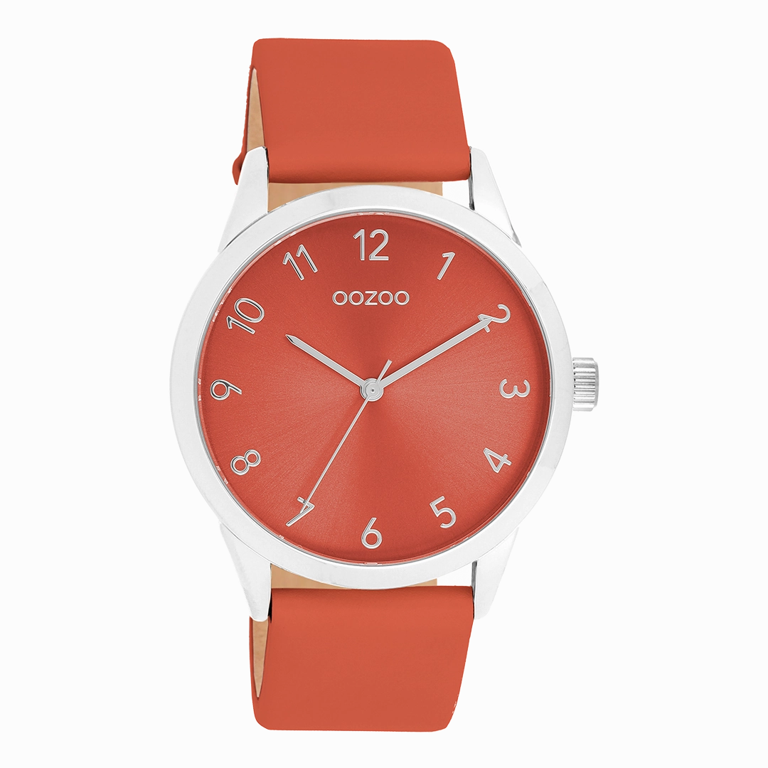 Silver coloured OOZOO watch with red leather strap - C11326