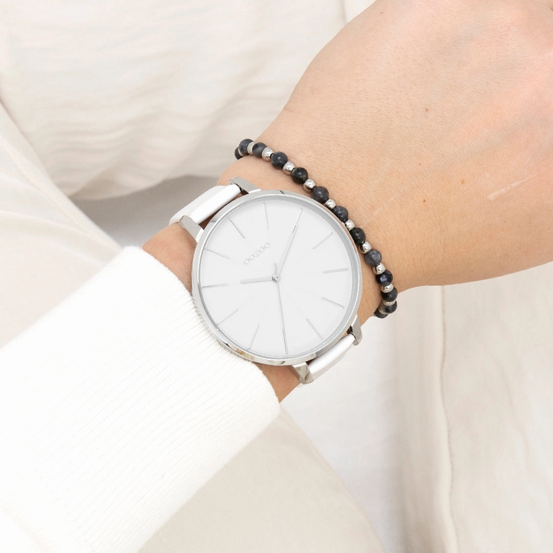 Silver coloured OOZOO watch with white leather strap - C11345