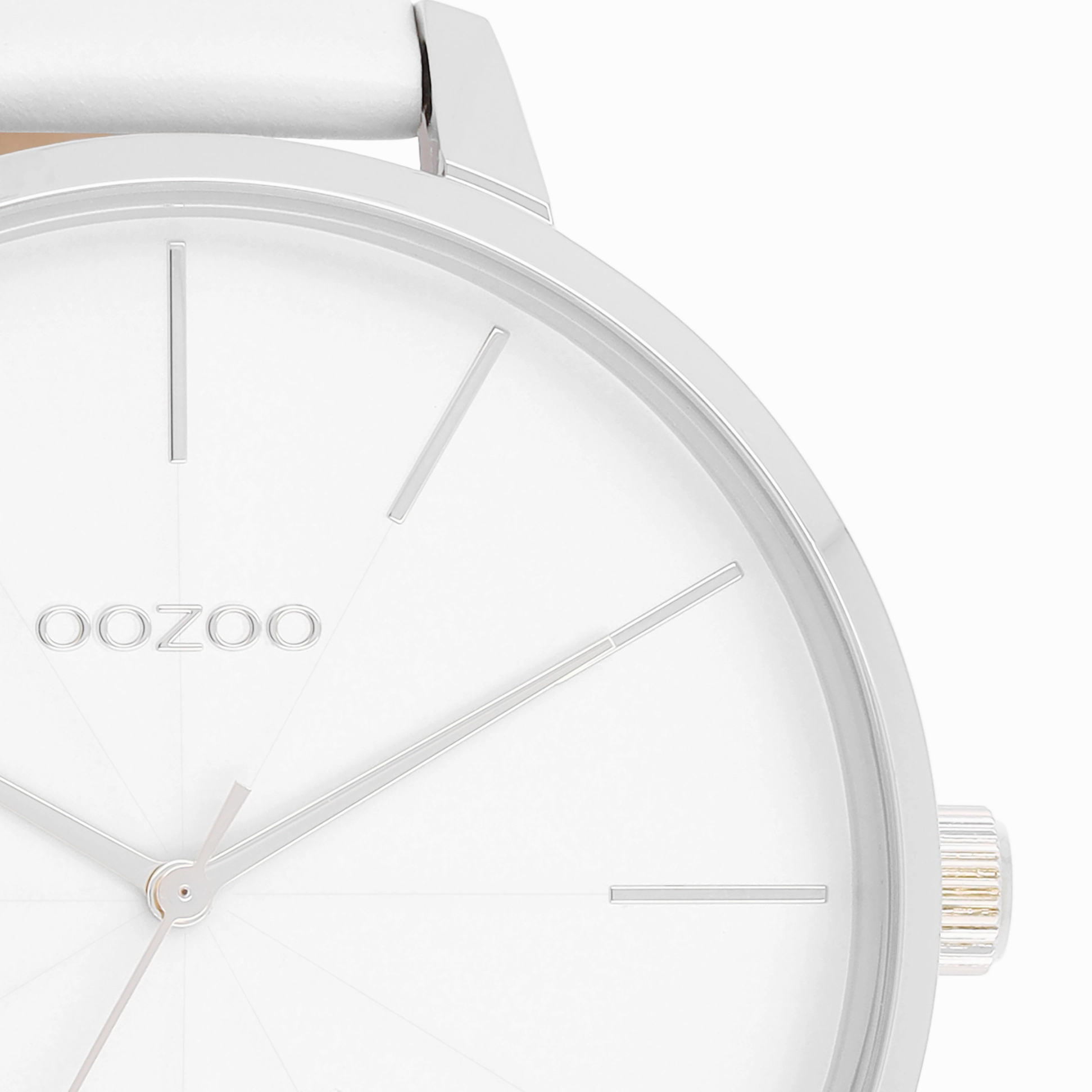 Silver coloured OOZOO watch with white leather strap - C11345