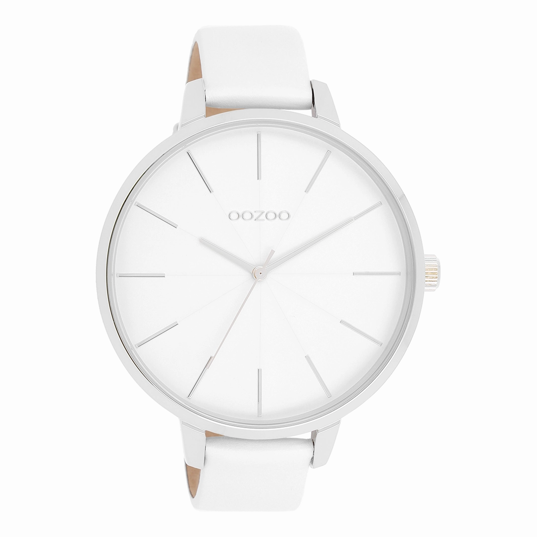 Silver coloured OOZOO watch with white leather strap - C11345