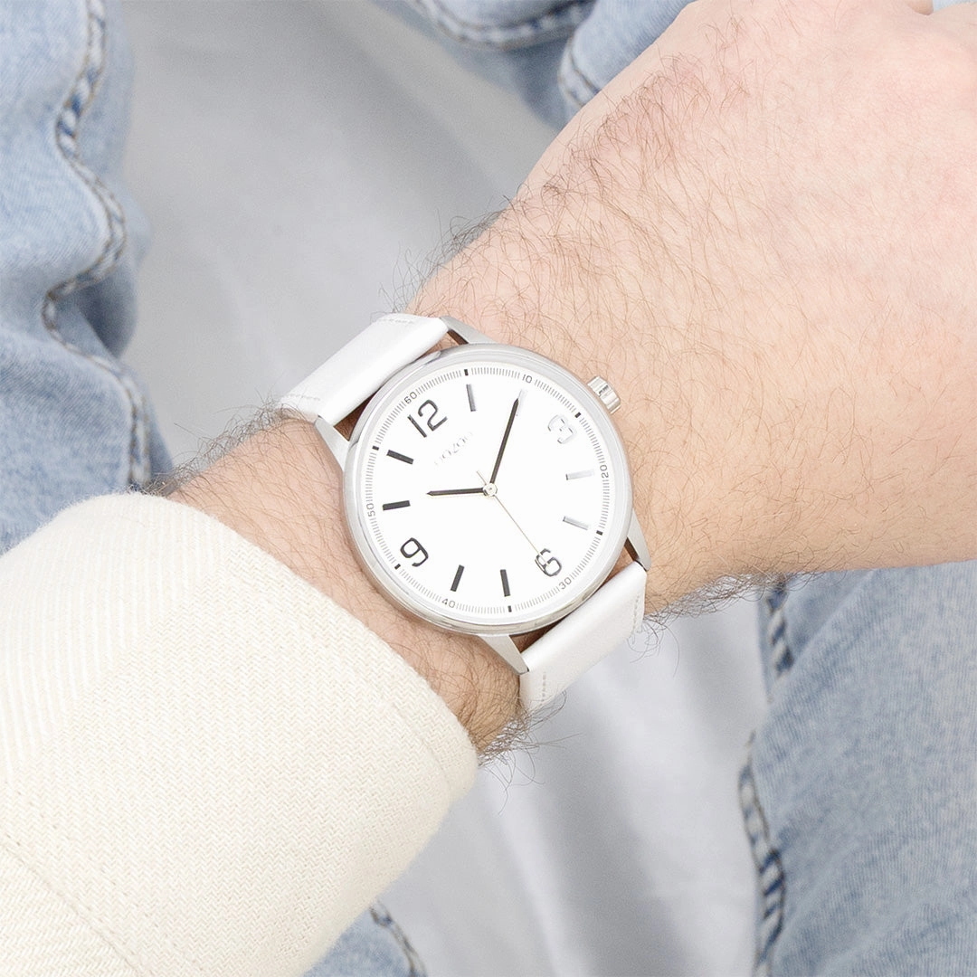 Silver coloured OOZOO watch with white leather strap - C11500