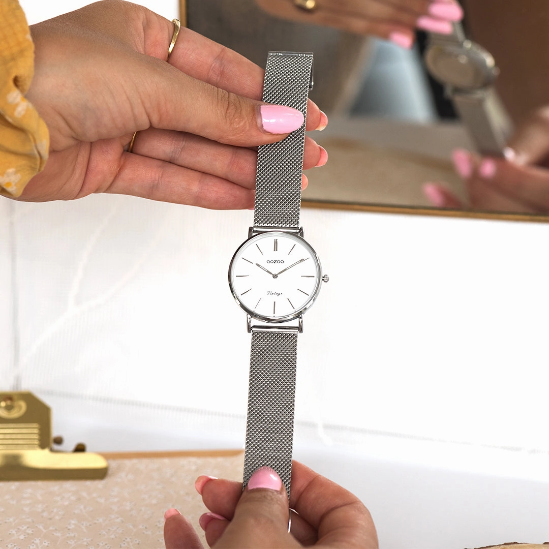Silver coloured OOZOO watch with white metal mesh bracelet - C9902
