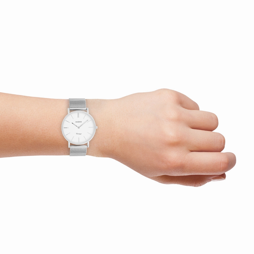Silver coloured OOZOO watch with white metal mesh bracelet - C9902