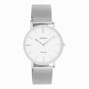 Silver coloured OOZOO watch with white metal mesh bracelet - C9902
