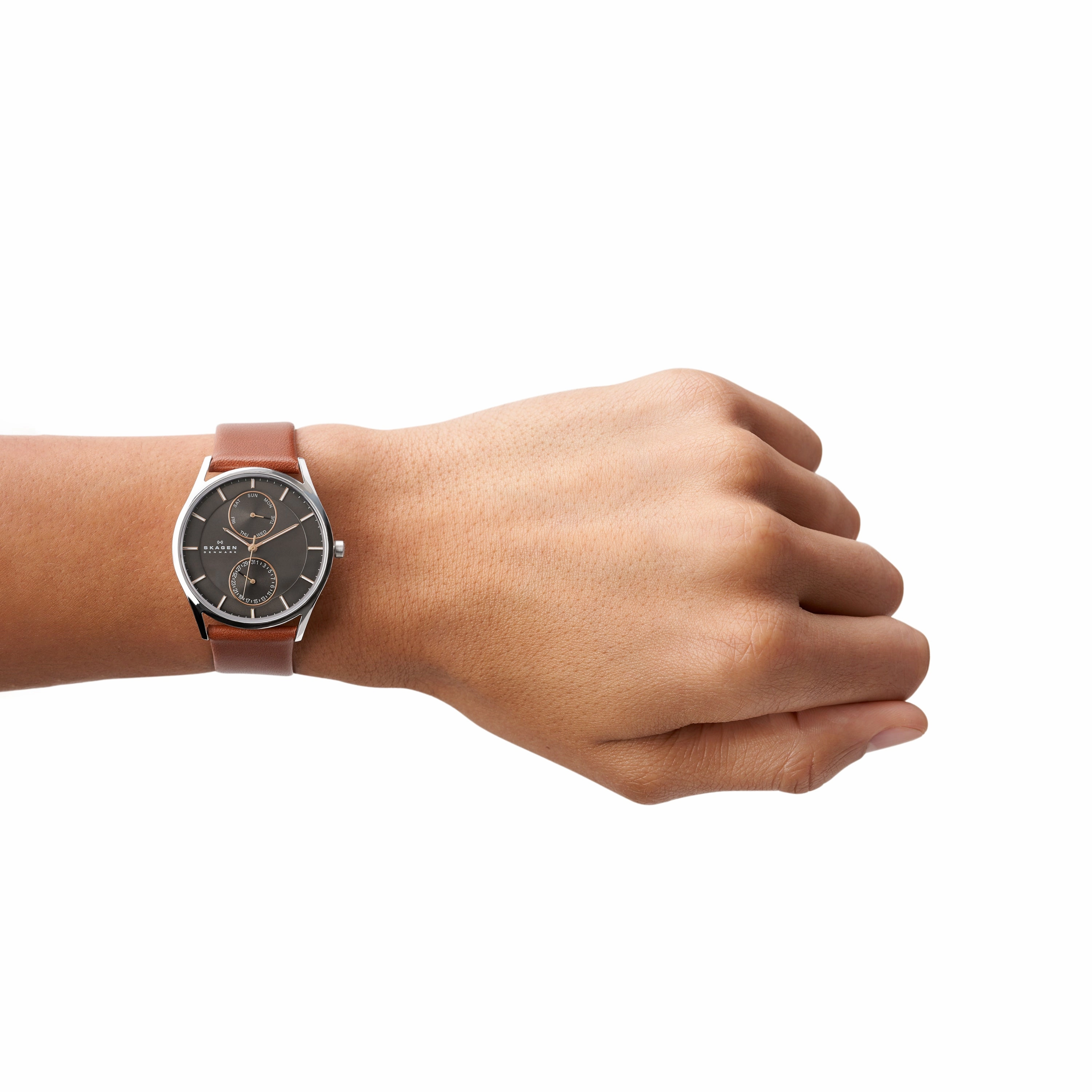 Skagen Holst Medium Brown Leather Watch with Luminous Hands SKW6086